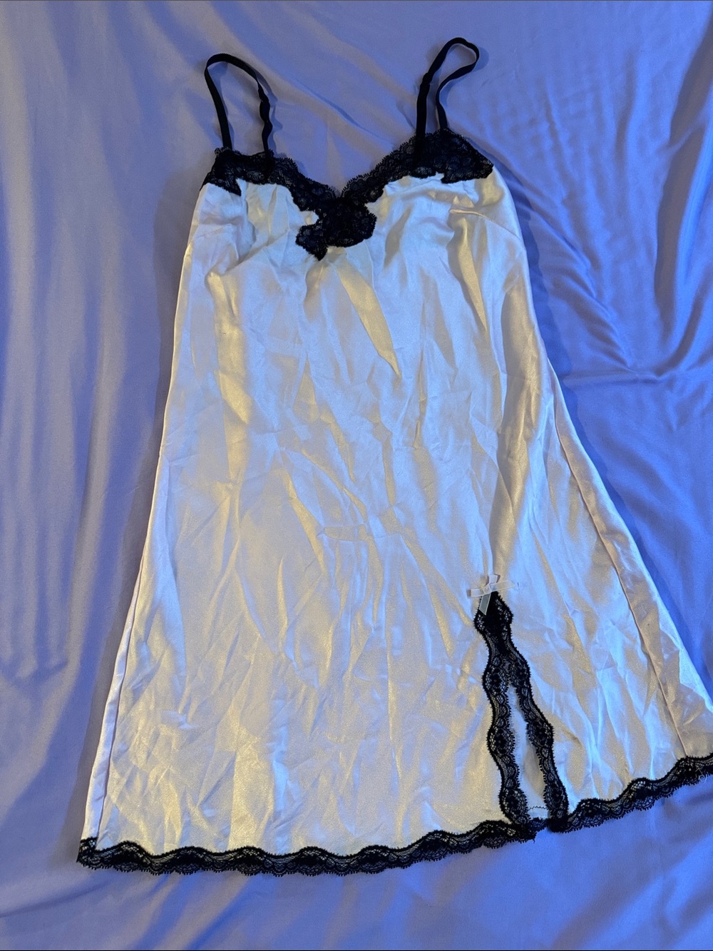 White & Black Lace Trim Satin Chemise - Women Intimates